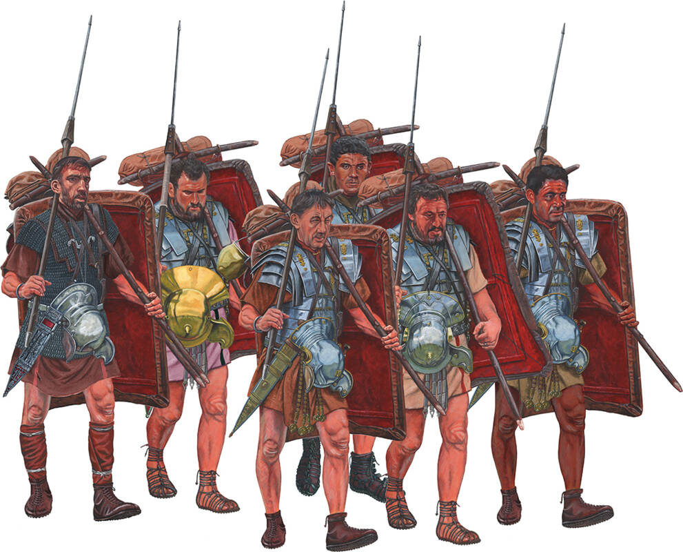 Zeichnung römischer Soldaten auf dem Marsch