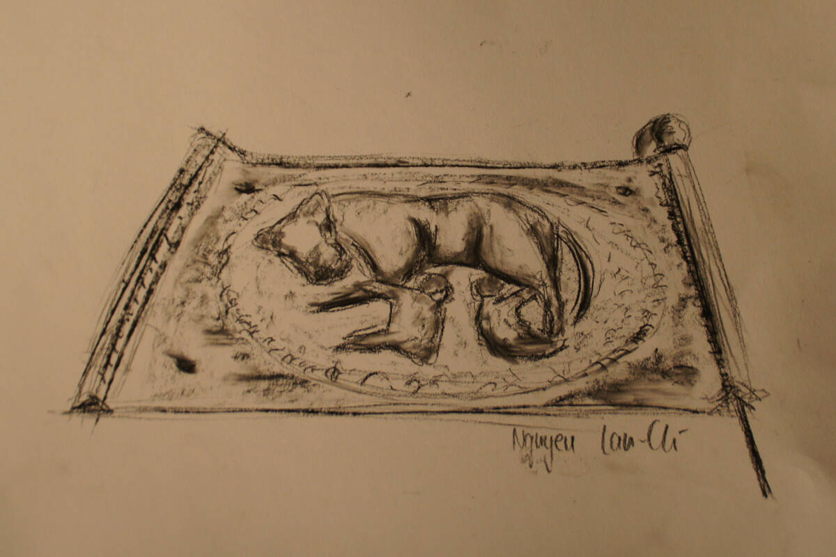 Römisches Gürtelblech mit Lupa Romana aus Oberstimm auf der Zeichnung einer Schülerin.