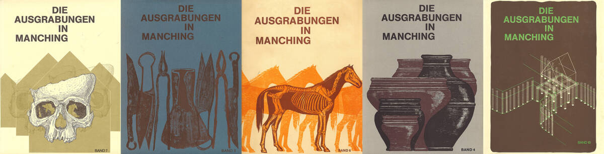 Cover der Bände 4, 6, 7, 8 und 10 in der Reihe »Die Ausgrabungen in Manching«.